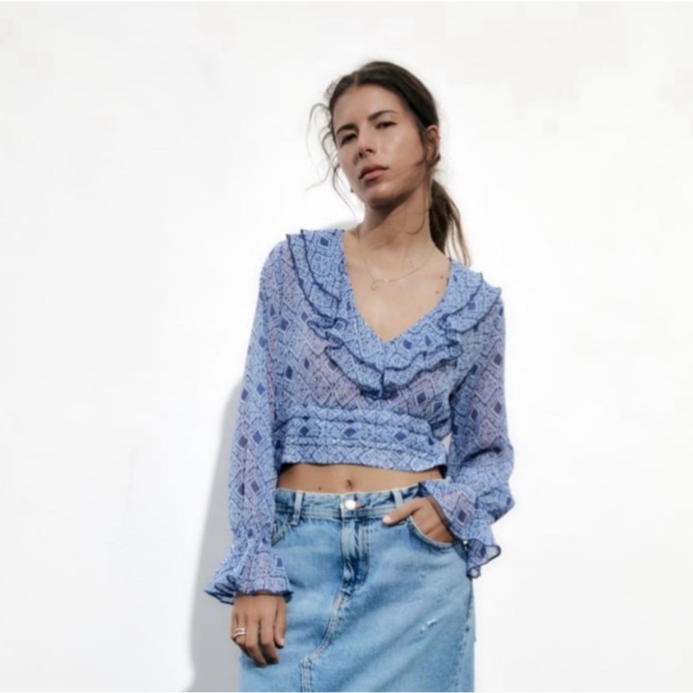 Zara Boho Crop Long Sleeve Top Size S NWT $48 Blue geometric puff sleeve